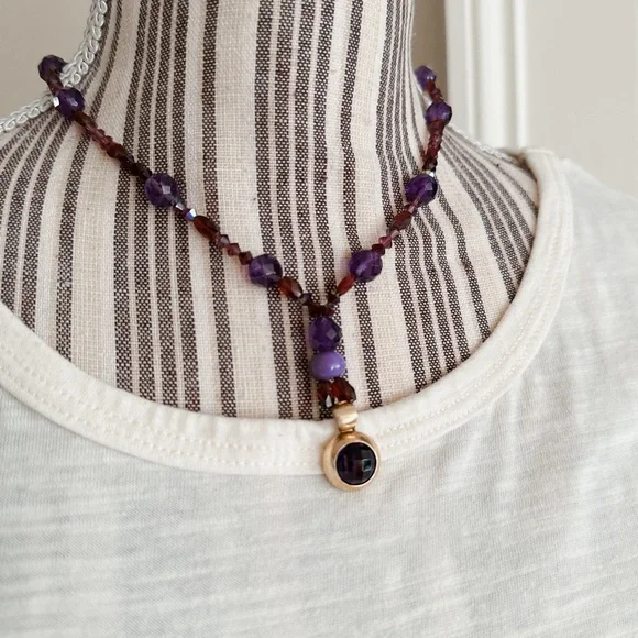 14K Gold Necklace Amethyst Garnet & Jade Beads Vintage Short Lariat Italy